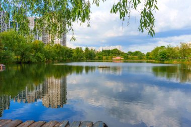 Sakin göl manzarası, ağaçların ve konut binalarının net yansımalarını gösteriyor..