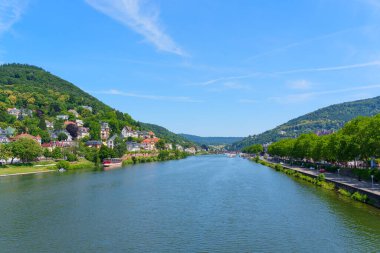 Bereketli bir güneşli günde Almanya 'nın Heidelberg kentinde yemyeşil ve tepelerle çevrili Neckar Nehri' nin panoramik manzarası.