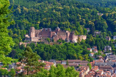 Heidelberg Şatosu görkemli bir tepenin üstünde duruyor. Etrafı yemyeşil ve renkli binalarla çevrili. Gün ışığı altında..