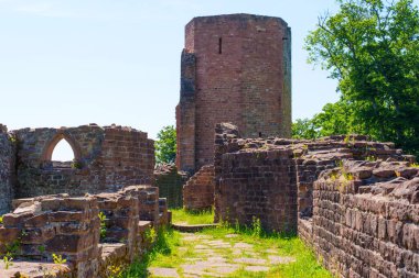 Heidelberg 'deki St. Michael Manastırı' nın kalıntıları. Taştan duvarlar ve yemyeşil bir kule arasında silindirik bir kule var..