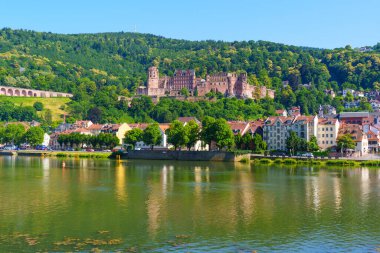 Heidelberg, Almanya - 21 Haziran 2025: Güneşli bir günde Heidelberg Kalesi 'nin tepeye kurulmuş manzarası.
