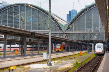 Frankfurt, Almanya - 10 Haziran 2025: Frankfurt 'un modern trenler, çelik yapılar ve bulutlu gökyüzü altındaki cam elementlerle dolu tarihi tren istasyonunun mimari detayları.