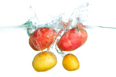 Canlı kırmızı ve sarı patatesler berrak suya sıçrıyor, dinamik dalgalar ve kabarcıklar yaratıyor, yüksek hızda bir anda beyaz arka plana doğru çekiliyor..