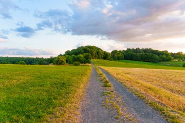 Huzurlu kırsal yol canlı yeşil alanlar boyunca kıvrılıyor. Arka planda yumuşak bir yamaç var. Dramatik akşam gökyüzünün altında..