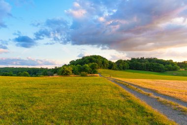 Almanya 'nın Rossdorf kentindeki renkli bir günbatımı gökyüzünün altındaki orman tepelerine uzanan canlı yeşil tarlalardan geçen patika..