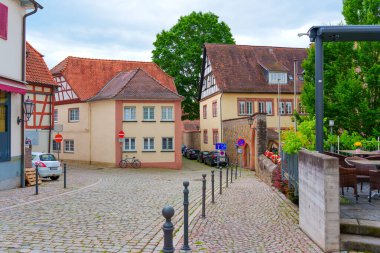 Zwingenberg, Almanya - 8 Haziran 2025: Geleneksel yarı keresteli evler ve ağaçların yer aldığı büyüleyici kaldırım taşı caddesi, Almanya 'nın Zwingenberg şehrinde davetkar bir atmosfer yarattı.