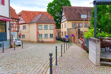 Zwingenberg, Almanya - 8 Haziran 2025: Zwingenberg, Almanya 'da Picturesque kaldırım taşı caddesi, geleneksel yarı ağaçlı evler ve yemyeşil alanlar, parlak bir öğleden sonra yakalandı..