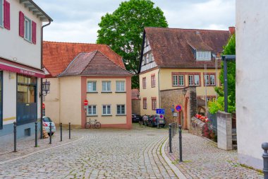 Zwingenberg, Almanya - 8 Haziran 2025: Zwingenberg, Almanya 'da bulutlu bir gökyüzü altında geleneksel yarı keresteli evler ve ağaçların yer aldığı büyüleyici kaldırım taşı caddesi.