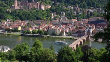 Heidelberg, Almanya - 21 Haziran 2025 Heidelberg 'in panoramik manzarası nehri, evleri ve şatoyu yemyeşil ve açık mavi gökyüzüne karşı gösteriyor.