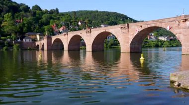 Heidelberg, Almanya - 21 Haziran 2025: Heidelberg 'deki Neckar Nehri' nin sakin sularında gezinen tekne, yemyeşil tepeleri ve tarihi mimariyi gözler önüne seriyor..