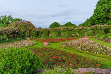 Berrak bir gökyüzü altında çiçek açan yapraklar ve ağaçlarla çevrili, geometrik desenlerde düzenlenmiş canlı çiçek yataklarının bulunduğu yemyeşil bahçe manzarası..