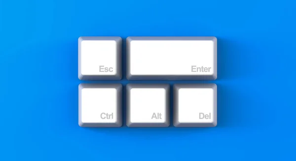 3Dレンダリング ホワイトキーボードボタンを閉じる モックアップ Esc Enter Ctrl Altと削除 トップビューショット ブルーカラー背景 — ストック写真