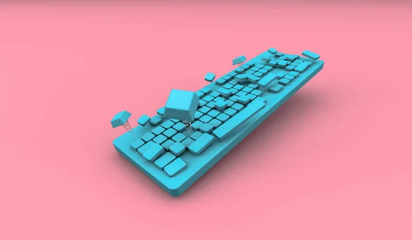 3Dレンダリング グリーンコンピュータのキーボードの損傷と爆発を閉じる フロントサイドビューショット コンピュータ技術と機器のアイデアの設計 ピンク色の背景 — ストック写真