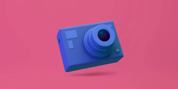 3Dレンダリング トレンディなブルーカメラモックアップ 最小限の写真カメラアイデアデザイン ピンク色の背景 — ストック写真