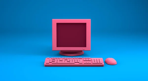 3D görüntüleme, gerçekçi pembe bilgisayar bilgisayarı maketi, kopya için boş alan, bilgisayar teknolojisi ve ekipman fikri tasarımı, mavi renk arkaplan.