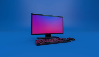 3B Hazırlama, PC bilgisayarını kapat parlak yansıma dokusu, kenar görüntü görüntüsü, kopyalamak için boş alan, mavi arkaplan.