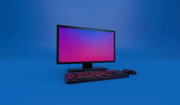 3D Rendering, Close up PC computer mock up with shiny reflection texture, side view shot, empty space for copy, blue color background.