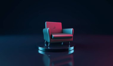 3D görüntüleme, gerçekçi siyah kanepe neon ve parlak yansıma, yakın çekim, siyah renk arkaplan.