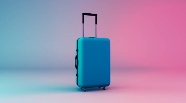 3D Renklendirme, gerçekçi yeşil mavi bavul model, neon pembe ve mavi renk arkaplan.