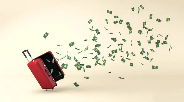 3D Renklendirme, kırmızı bavuldan çıkan gerçekçi banknotlar, sarı arka plan..