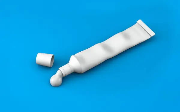3B görüntüleme, kullanılmış diş macunu paketinin boşluğu, maket yapın, kapağı açın ve tüpten sıkın, izole edilmiş mavi arkaplandan sıkın.