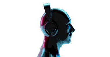 3D görüntüleme, Portre fütüristik siber punk, yan görüş, müzik siber punk, mavi ve pembe neon renkler parlak yansıma, beyaz arka planda izole.