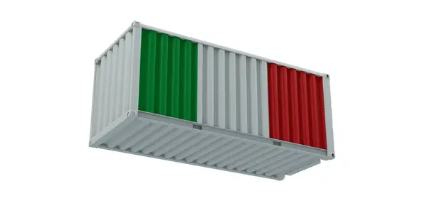 3D görüntüleme, gerçekçi nakliye konteynırı, beyaz arkaplanda izole edilmiş İtalya ulusal bayrağı, ithalat ve ihracat iş lojistik simgesi ve sembol tasarımı ile modelleniyor.