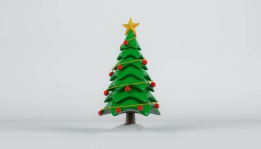3 boyutlu biçimlendirme, süsleri kar arka planında taklit edilen gerçekçi Noel ağacı. 