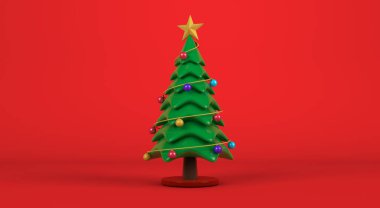 3D görüntüleme, süsleri kırmızı arka planda olan gerçekçi Noel ağacı. 