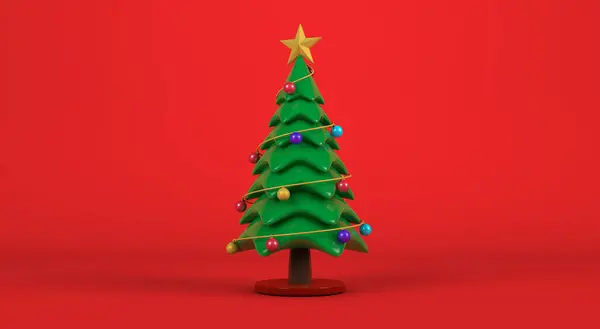 3D görüntüleme, süsleri kırmızı arka planda olan gerçekçi Noel ağacı. 