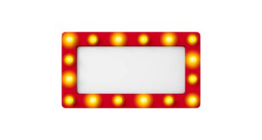 3D görüntüleme, Gerçekçi kırmızı sinema işareti etrafında ışık, boş boşluk, ön görüş görüntüsü, beyaz arkaplan izole.