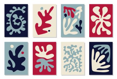 8 Matisse esinlenilmiş, hygge boyalı duvar resimleri, broşürler, broşürler, broşürler, çağdaş kolaj. Organik çizgi soyut desen, el çizimi tasarım, duvar kağıdı. Dinamik şekiller grafik vektörü