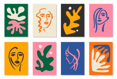 Set of 8 Matisse inspired wall art posters, brochure, flyer templates, contemporary collage. Organic line abstract pattern, hand drawn design, simple wallpaper. Dynamic shapes graphic vintage vector clipart