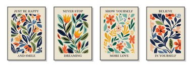 Set of 4 botanical Matisse inspired wall art posters, brochure, flyer templates, contemporary collage. Organic shapes, line floral pattern with positive motivational, inspirational quotes. clipart
