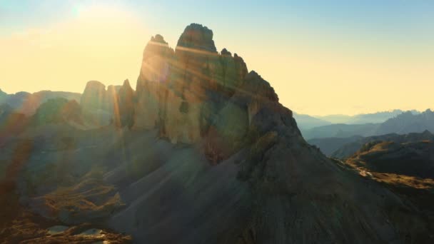 Mountainous Terrain Sunrise Majestic Three Peaks Lavaredo Sand Covered Foothills — Stock Video