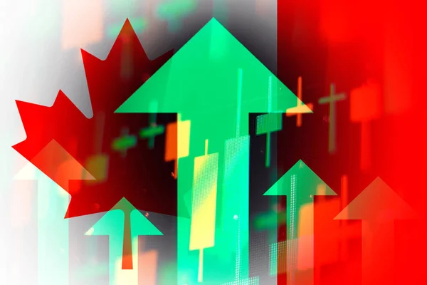 Increasing green arrows on the background of Canada flag, showing a trend of the economy in global crisis
