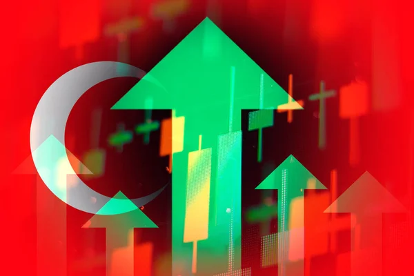 Increasing green arrows on the background of Turkey flag, showing a trend of the economy in global crisis March 2022, San Francisco, USA