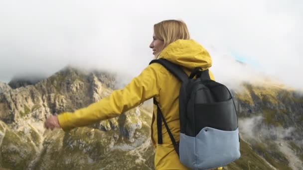 Happy Woman Raises Hands Contemplating View Passo Giau Pass Covered — Vídeo de stock