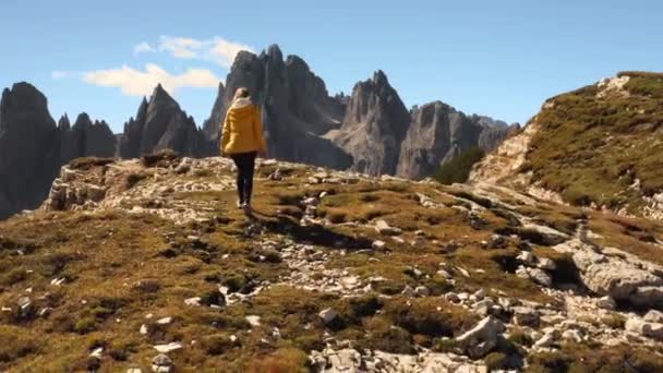 Woman Comes Edge Giant Mountain Canyon Raising Hands Rocky Alps — Stockvideo