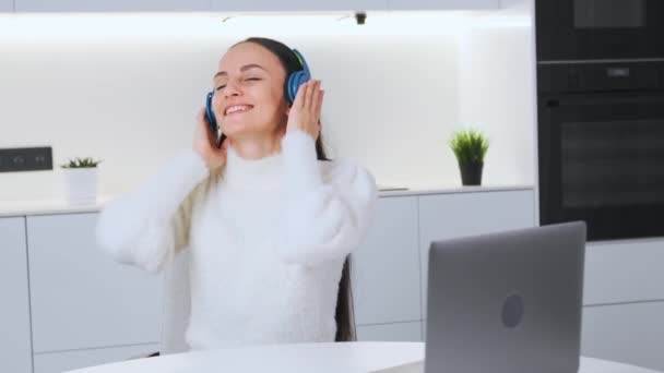 Young Woman Dark Hair Listens Music Headphones Attractive Lady Enjoys — Wideo stockowe