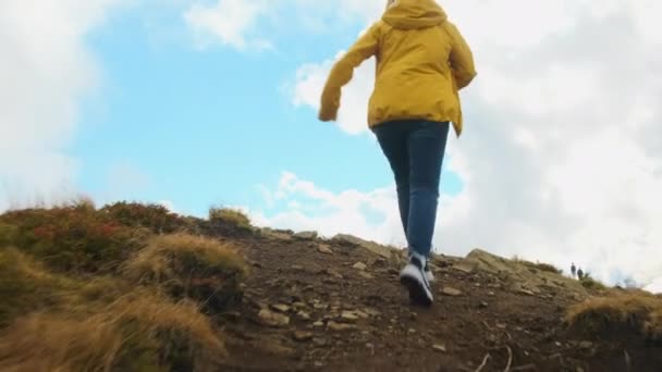 Woman Runs Top Hill Raising Hands Feeling Happy Female Traveler — Stockvideo