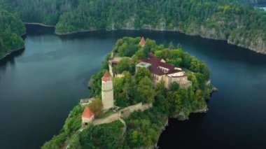 Rotation of camera around Zvikov Castle on the hill surraunded by river Vltava and Otava in South Bohemia region in Czech Republic.