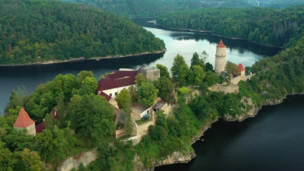 Fly Zvikov Castle Hill Surrounded River Vltava Otava South Bohemia — Stock Video