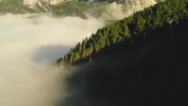 White Dense Fog Surrounds Giant Forestry Mountains Dawn Lush Green — Stock video