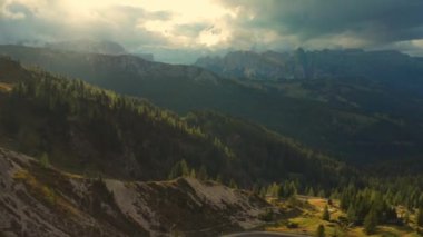 Coniferous trees grow in forests on giant mountains at bright sunset. Scenic landscape of highland with forestry hills in Alps aerial view