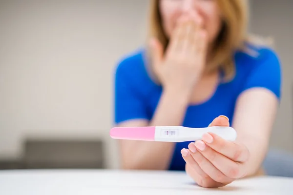 Happy surprised woman holding a positive pregnancy test. Expecting a baby