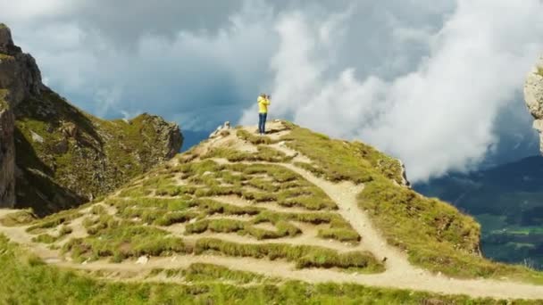 Woman Takes Photos Seceda Mountain Standing Hill Top Overgrown Grass — Video Stock