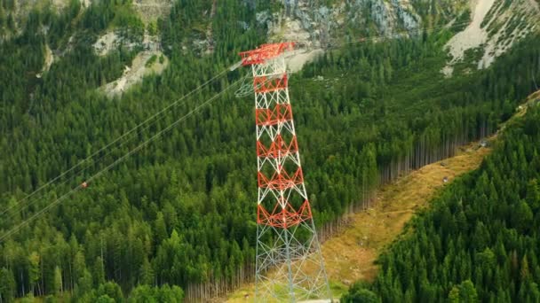 Power Line Pylon High Mountains Surrounded Trees Aerial View Delivery — Stock Video