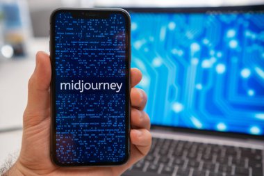 Midjourney artificial intelligence logo on the screen of mobile phone and neural network on the screen of laptop on the background, March 2023, Prague, Czech Republic. clipart