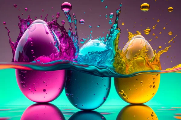 An explosion of colors as Easter eggs are dropped into a glass of colored water, causing a splash. Generative AI.